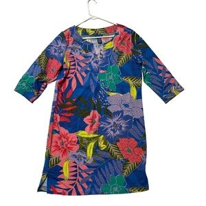 CARIBBEAN JOE Tunic Dress Womens Size M Blue Multi Floral 3/4 Sleeve UPF 50+